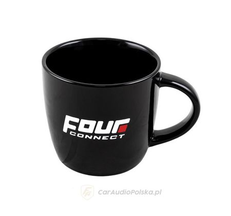 Duży czarny kubek do kawy z logo „FOUR CONNECT”.